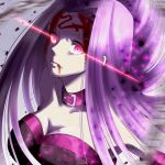  1girl blood blood_on_face breasts cleavage closed_mouth collar collarbone fate/stay_night fate_(series) floating_hair frown glowing glowing_eyes hair_intakes highres illustration_07 large_breasts long_hair purple_hair red_eyes rider shiny shiny_hair solo strapless upper_body very_long_hair 
