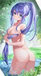  1girl absurdres ass back bathing blue_eyes blue_hair blush breasts caster_lily closed_mouth fate/grand_order fate_(series) highres long_hair looking_at_viewer looking_back medium_breasts nude pointy_ears ponytail sidelocks smile thighs tsukise_miwa wading wet 