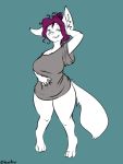  2020 3:4 anthro bedroom_eyes breasts canid canine clothing female fennec fox green_background hair halcy0n hi_res mammal narrowed_eyes purple_hair seductive shirt short_stack simple_background smile solo standing thick_thighs topwear wide_hips 