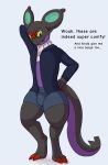  2020 anthro black_eyes bulge clothing dabelette dabelette_(character) dialogue english_text eyewear fan_character front_view glasses hi_res looking_down male nintendo noivern open_mouth pok&eacute;mon pok&eacute;mon_(species) simple_background solo standing sweater text thick_thighs topwear underwear video_games white_background yellow_sclera 