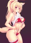  1girl animal_ear_fluff animal_ears bangs blonde_hair blush bra breasts cat_ears cat_tail commentary english_commentary eyebrows_visible_through_hair fang fang_out highres large_breasts leg_garter long_hair looking_at_viewer mouth_hold nottytiffy original panties red_bra red_eyes red_panties side-tie_panties slit_pupils smile solo tail thighhighs thighs tiffy_(nottytiffy) tying_panties underwear untied untied_panties watermark web_address 