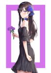  1girl black_dress black_hair black_sleeves blue_flower blush breasts closed_mouth cowboy_shot detached_sleeves dress flower from_side hair_flower hair_ornament holding holding_flower kokose long_hair looking_at_viewer original purple_eyes purple_flower purple_rose rose shiny shiny_hair short_dress short_sleeves sleeveless sleeveless_dress small_breasts solo standing straight_hair strapless strapless_dress very_long_hair white_background 