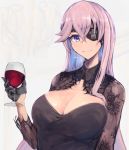  1girl azur_lane black_dress black_eyepatch black_gloves blue_eyes breasts cleavage closed_mouth cup dress drinking_glass earrings eyebrows_visible_through_hair eyepatch gloves hair_between_eyes holding holding_cup jewelry large_breasts long_hair looking_at_viewer marshall_k purple_hair scharnhorst_(azur_lane) simple_background smile solo wine_glass 