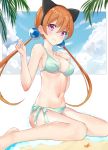  1girl alisa_southerncross animal_ears bangs barefoot beach bikini blush breasts cat_ears cloud eyebrows_visible_through_hair fake_animal_ears hair_between_eyes hair_bobbles hair_ornament hand_on_own_chest keroro_gunsou long_hair looking_at_viewer low_twintails medium_breasts navel orange_hair purple_eyes side-tie_bikini sitting sky smile solo starfish stomach swimsuit twintails wariza white_bikini xuejian_qiye 