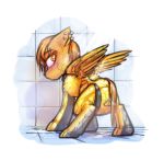  ambiguous_gender black_nose blush clothed clothing diaper digital_media_(artwork) ear_piercing equid equine eyebrows eyelashes feral glistening hair hi_res inside krd looking_at_viewer looking_back mammal orange_hair pegasus piercing rubber rubber_suit shower solo standing tiles water wet wings yellow_body 