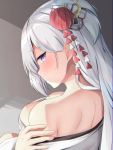  1girl azur_lane bare_shoulders blush breasts cleavage eyebrows_visible_through_hair flower from_behind hair_flower hair_ornament highres houraku japanese_clothes kimono long_hair looking_at_viewer looking_back purple_eyes shoukaku_(azur_lane) solo white_hair white_kimono 