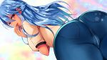  1girl ass blue_hair breasts commentary from_behind gokugetsu_momo highres large_breasts long_hair looking_at_viewer looking_back looking_down original red_eyes shirt solo thighs white_shirt zipper 