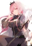  belt black_dress black_nails breasts capelet crossed_legs detached_sleeves dress expressionless head_tilt holding holding_scythe hololive hololive_english large_breasts long_hair mori_calliope official_art pink_eyes pink_hair scythe sitting tiara veil virtual_youtuber yukisame 