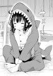  1girl absurdres ahoge airandou animal_costume barefoot bed_sheet blush closed_eyes closed_mouth full_body greyscale highres indian_style indoors long_sleeves monochrome on_bed original shark_costume sitting sleepy soles solo wavy_mouth 