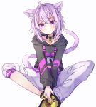  :3 ahoge animal_ear_fluff animal_ears asymmetrical_legwear black_collar cat_ears cat_girl cat_tail closed_mouth collar collarbone commentary head_tilt highres hololive hood hoodie indian_style long_sleeves looking_at_viewer midriff nanairo_madani nekomata_okayu pants purple_eyes purple_hair shoes short_hair simple_background sitting smile sneakers tail virtual_youtuber white_background 