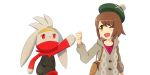  1girl a-kiraa_(whisper) animal_ears bunny bunny_ears fist_bump gen_8_pokemon gloria_(pokemon) grey_sweater happy highres pokemon pokemon_(game) pokemon_swsh raboot starter_pokemon sweater 