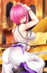  1girl arm_up ass back bangs bare_shoulders black_legwear blush breasts dress fate/grand_order fate_(series) hair_over_one_eye highres instrument large_breasts looking_at_viewer looking_back mash_kyrielight mouth_hold piano purple_eyes purple_hair sezoku short_hair white_dress wrist_cuffs 
