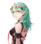  1girl byleth_(fire_emblem) byleth_(fire_emblem)_(female) cosplay fire_emblem fire_emblem:_three_houses from_side green_eyes green_hair looking_to_the_side parted_lips ribbon_braid robaco simple_background solo sothis_(fire_emblem) sothis_(fire_emblem)_(cosplay) upper_body white_background 