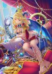  1girl absurdres barefoot blonde_hair breasts chain coin cross crystal dragon_wings error fantasy highres hldz horns huge_filesize jewelry long_hair medium_breasts navel oil_lamp original red_eyes solo sword toes treasure_chest weapon wings wrong_feet 