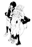  3girls converse double_v from_above from_side highres kofunami_nana medium_hair monochrome multiple_girls original school_uniform shoes short_hair sneakers tied_hair v white_background 