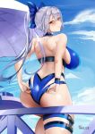  1girl adjusting_clothes adjusting_swimsuit ass bangs bare_shoulders blue_bow blue_swimsuit blush bow breasts brown_eyes day fate/grand_order fate_(series) hair_between_eyes hair_bow highleg highleg_swimsuit highres large_breasts long_hair looking_at_viewer one-piece_swimsuit outdoors ponytail silver_hair sitting solo swimsuit thigh_strap thighs tnolize tomoe_gozen_(fate/grand_order) tomoe_gozen_(swimsuit_saber)_(fate) two-tone_swimsuit 