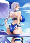  1girl adjusting_clothes adjusting_swimsuit ass bangs bare_shoulders blue_bow blue_swimsuit blush bow breasts brown_eyes day fate/grand_order fate_(series) hair_between_eyes hair_bow highleg highleg_swimsuit highres large_breasts long_hair looking_at_viewer one-piece_swimsuit open_mouth outdoors ponytail silver_hair sitting solo swimsuit thighs tnolize tomoe_gozen_(fate/grand_order) tomoe_gozen_(swimsuit_saber)_(fate) two-tone_swimsuit 