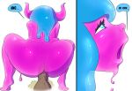  2015 anal big_butt blue_eyes blue_hair butt female goo_creature goo_hair goo_humanoid hair hi_res horn humanoid jam_(character) juicydemon looking_pleasured pseudo_hair purple_body purple_skin simple_background slime text translucent translucent_hair white_background 