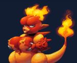  anthro big_breasts breasts claws collar female fire grey_background holding_breast looking_at_viewer magmar nintendo outta_sync pok&eacute;mon pok&eacute;mon_(species) red_body red_scales red_skin scales simple_background solo video_games yellow_body yellow_scales yellow_skin 