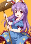  1girl animal_ears blue_dress blush bunny_ears cosplay crescent dress frilled_dress frills highres holding holding_mallet kine long_hair mallet open_mouth orange_background purple_hair red_eyes reisen_udongein_inaba ruu_(tksymkw) seiran_(touhou) seiran_(touhou)_(cosplay) short_sleeves simple_background solo star_(symbol) touhou 