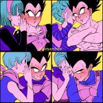  1boy 1girl age_progression amartbee artist_name black_hair blue_hair blush bulma covering_mouth crossed_arms dragon_ball dragon_ball_super dragon_ball_z earrings embarrassed eyebrows_visible_through_hair hairband hand_on_another&#039;s_shoulder headband highres husband_and_wife jewelry scarf shirtless short_hair smile spiked_hair sweat vegeta vest whispering 