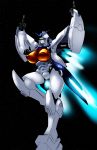  absurdres breasts cosmikaizer double_middle_finger english_commentary flying g-saviour_gundam green_eyes gundam gundam_g-saviour highres large_breasts leg_up looking_up mecha mixed-language_commentary no_humans redesign v-fin 