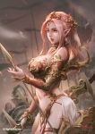  1girl antilous armor army arrow_(projectile) bare_shoulders bikini_armor blurry blurry_background bow_(weapon) braid breasts chess_piece chinese_commentary commentary_request cowboy_shot detached_sleeves earrings elf eyelashes fingernails flag forehead_jewel from_side head_chain headgear holding holding_arrow holding_weapon jewelry knight_(chess) large_breasts lips long_hair looking_away makeup mascara medium_breasts navel orange_eyes original pearl_earrings pelvic_curtain pink_hair pointy_ears ponytail red_lips see-through sharp_fingernails showgirl_skirt solo_focus thigh_strap thighhighs veil weapon 