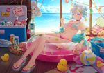  beach bikini blue_eyes braids erect_nipples food glasses gray_hair hldz original ribbons summer swimsuit wet 