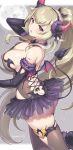  1girl absurdres ass bangs bare_shoulders blonde_hair blush breasts cleavage covered_nipples demon_girl demon_horns demon_tail demon_wings fur-trimmed_gloves fur_collar fur_trim gloves gomashio_ponz hairband highres horns large_breasts leotard long_hair looking_at_viewer open_mouth original see-through sidelocks skeb_commission skindentation solo succubus tail tattoo thighhighs thighs wings 