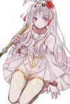  1girl another_eden holding holding_staff ilulu long_hair looking_up over_shoulder puchipuchi red_eyes sitting smile solo staff white_background white_hair 