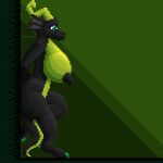  1:1 anthro big_breasts big_butt big_nipples black_body black_nipples breasts butt claws curvy_figure digital_media_(artwork) dragon female green_background green_body green_claws green_eyes green_horn green_scales hands_behind_back horn kaya_(knockedoutdragon) knockedoutdragon leaning_on_wall looking_down nipples nude pixel_(artwork) scales side_view simple_background solo standing wingless_dragon 