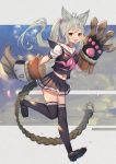  1girl :d ahoge animal_ear_fluff animal_ears bangs black_footwear black_legwear black_serafuku black_shirt black_skirt blush bow brown_eyes claw_(weapon) commentary_request erune eyebrows_visible_through_hair fangs floating_hair full_body granblue_fantasy grey_hair hair_bow highres loafers long_hair looking_at_viewer midriff_peek navel neckerchief open_mouth pink_bow pink_neckwear pleated_skirt ponytail sailor_collar school_uniform sen_(granblue_fantasy) serafuku shirt shoes short_sleeves skirt smile solo standing standing_on_one_leg thighhighs uneg very_long_hair weapon white_sailor_collar 