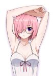  1girl armpits arms_up bangs breasts camisole collarbone eyebrows_visible_through_hair fate/grand_order fate_(series) glasses hair_over_one_eye julius_yu long_hair looking_at_viewer mash_kyrielight medium_breasts pink_hair purple_eyes short_hair solo upper_body white_background 