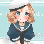  1girl anchor_symbol bangs black_neckwear blonde_hair blue_eyes blue_sailor_collar cocoperino cowboy_shot dated dress hat janus_(kantai_collection) kantai_collection leaning_forward left-handed looking_at_viewer neckerchief parted_bangs sailor_collar sailor_dress sailor_hat short_hair short_sleeves smile solo twitter_username two-tone_background white_dress 