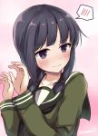  1girl bangs black_hair blunt_bangs braid commentary_request green_sailor_collar green_serafuku highres kantai_collection kitakami_(kantai_collection) long_hair pink_background sailor_collar school_uniform serafuku sidelocks single_braid solo soramuko spoken_blush upper_body 