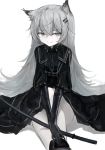  1girl 7gao absurdres animal_ears arknights black_coat black_gloves coat elbow_gloves gloves grey_eyes grey_hair hair_ornament hairclip highres holding katana knee_up lappland_(arknights) latex latex_gloves long_hair looking_at_viewer scar scar_across_eye short_sleeves simple_background sitting smile solo sword thighs very_long_hair weapon white_background wolf_ears 