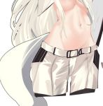  1girl arknights belt breasts close-up crop_top cropped_legs horse_tail long_hair medium_breasts midriff mikuning navel no_bra platinum_(arknights) short_shorts shorts simple_background solo stomach tail underboob upper_body white_background white_hair white_shorts 