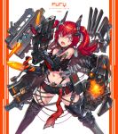  1girl angry arm_blade arm_tattoo asymmetrical_arms barcode_tattoo bare_shoulders bayonet commentary_request cyborg facial_tattoo fangs finger_on_trigger gia gun highres legs_apart looking_at_viewer mecha_musume midriff navel original prosthesis prosthetic_arm red_eyes red_hair rifle scar science_fiction short_shorts shorts solo tattoo thighhighs torn_clothes twintails uneven_eyes weapon 
