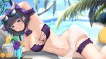  1girl animal_ears arm_garter arm_support arm_up armpits azur_lane bangs beach_chair bikini bikini_bottom_removed black_hair blurry blurry_background bottle breasts bucket cheshire_(azur_lane) cheshire_(summery_date!)_(azur_lane) cleavage cup drinking_glass eyewear_on_head fake_animal_ears food fruit kitsune-neko large_breasts leg_garter lemon lemon_slice looking_at_viewer lying manjuu_(azur_lane) mountain multicolored_hair navel on_side palm_tree purple_bikini short_hair sky smile strapless strapless_bikini streaked_hair sunglasses swimsuit tree water 