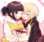  ! 2girls apron back_bow bangs bird_hoodie_girl_(tsubaki_tsubara) black_apron black_hair black_hoodie blonde_hair blunt_bangs blush bow brown_eyes cat_hoodie_girl_(tsubaki_tsubara) chocolate chocolate_on_face closed_eyes dated eyebrows_visible_through_hair face_licking food food_on_face glasses licking mixing_bowl multiple_girls musical_note one_eye_closed original ponytail ribbon-trimmed_apron ribbon_trim short_hair sidelocks signature sleeves_rolled_up tsubaki_tsubaru white_hoodie yellow_apron yellow_bow 