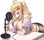  1girl ahoge bangs bikini blonde_hair blush borrowed_character breast_rest breasts collar eyebrows_visible_through_hair fang hair_between_eyes heart heart_necklace highres huge_breasts kirome_(kamipaper) leaning_on_table long_hair microphone o-ring o-ring_bikini open_mouth orange_eyes original saaya_(kirome) smile solo swimsuit twintails 