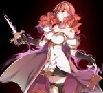  1girl aura black_gloves cape celica_(fire_emblem) dark_aura dress fingerless_gloves fire_emblem fire_emblem_echoes:_shadows_of_valentia gloves hairband holding holding_sword holding_weapon long_hair misu_kasumi parted_lips red_eyes red_hair simple_background solo sword thighhighs weapon 