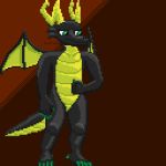  1:1 annoyed anthro big_tail black_body brown_background claws colored_nails digital_media_(artwork) disgruntled dragon featureless_crotch green_body green_claws green_eyes green_horn green_nails green_scales horn kayo_(knockedoutdragon) knockedoutdragon looking_down male nails nude pixel_(artwork) scales simple_background solo standing wings 