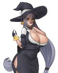  1girl bigfall black_dress black_gloves breasts circe_(last_origin) dress flask gloves green_eyes hair_between_eyes hand_on_own_face hat huge_breasts last_origin long_hair looking_at_viewer low-tied_long_hair shaded_face side_slit simple_background smile solo white_background witch witch_hat 