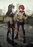  2girls animal_ear_fluff animal_ears arknights bangs black_capelet black_hair black_legwear brown_eyes capelet commentary energy_wings exusiai_(arknights) fingerless_gloves gloves hair_over_one_eye halo hand_on_hip holding holding_sword holding_weapon huanxiang_heitu id_card jacket long_hair long_sleeves looking_at_viewer looking_back multiple_girls open_clothes open_jacket pantyhose raglan_sleeves red_hair short_hair smile standing sword symbol_commentary tail texas_(arknights) weapon white_jacket wolf_ears wolf_tail 