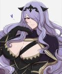  1girl armor artist_name breasts camilla_(fire_emblem) cleavage fire_emblem fire_emblem_fates hair_over_one_eye highres large_breasts long_hair omiza_somi purple_eyes purple_hair simple_background solo tiara upper_body 