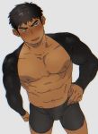  1boy abs bara black_eyes black_hair blush boxers chest cowboy_shot hand_on_hip highres male_focus male_underwear muscle navel nipples original pectorals short_hair shrug_(clothing) simple_background solo st05254 sweat toned toned_male underwear 