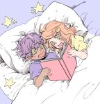  1boy 1girl bed blanket book child colored_eyelashes dark_skin dark_skinned_male green_eyes hair_ornament highres leon_(pokemon) matimatio oekaki orange_hair pillow pokemon pokemon_(game) pokemon_swsh purple_hair smile sonia_(pokemon) star_(symbol) yellow_eyes younger 