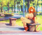  anthro big_breasts breasts clothing detailed_background domestic_cat eyewear felid feline felis female footwear glasses green_eyes hair huge_breasts katrina_fowler llmixll mammal nipples orange_hair outside shoes smile solo tree 