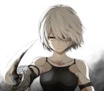  1girl absurdres android armlet bangs bare_shoulders black_gloves closed_mouth commentary_request elbow_gloves eyebrows_visible_through_hair gloves hair_between_eyes hair_over_one_eye highres holding holding_sword holding_weapon joints looking_at_viewer nier_(series) nier_automata pointing_sword robot_joints shimoda_masaya short_hair silver_hair sword tank_top weapon white_background yellow_eyes yorha_type_a_no._2 